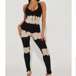 Fashion Nova Ribbed Black and Cream Halter Tie-Dye Jumpsuit